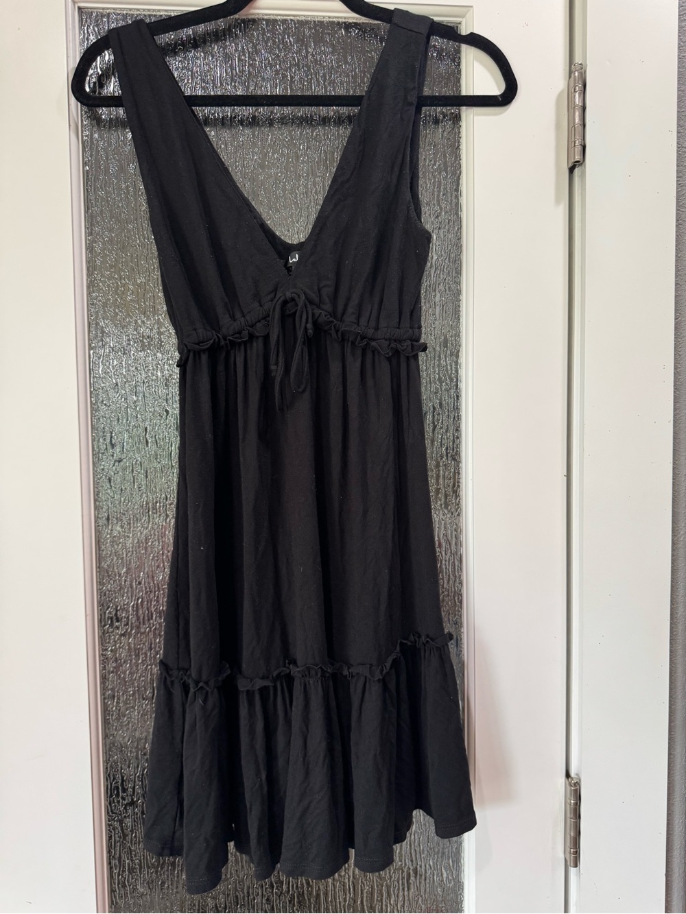 Lulu's Black V-Neck Tie-Waist Tiered Mini Dress